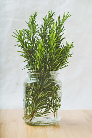Organic rosemary branches in the glass jar full of water on a bamboo table. Over Rustic white textile background. Zero Waste conceptの写真素材