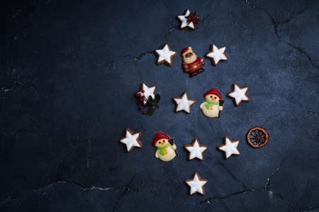 Variety of different Christmas cookies with festive decorations. Flat lay. Top Viewの写真素材