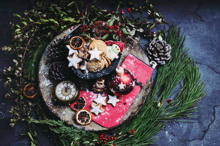 Variety of different Christmas cookies with festive decorations. Flat lay. Top Viewの写真素材