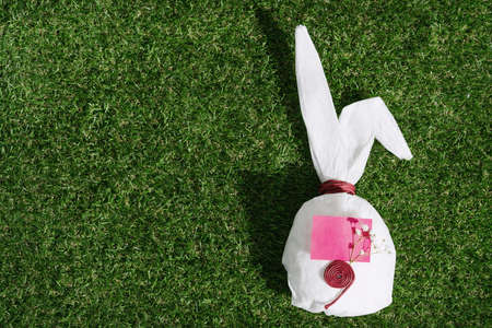 Bunny shaped white baking paper over green grass background. The place for the text on the paper. Happy Easter concept. Copy space. Top viewの写真素材