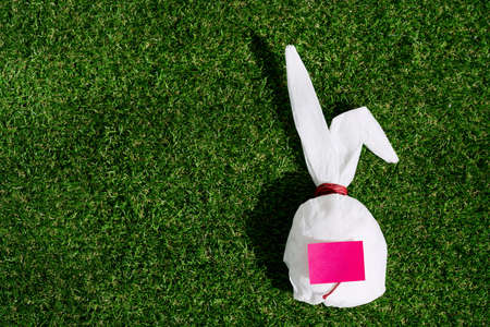 Bunny shaped white baking paper over green grass background. The place for the text on the paper. Happy Easter concept. Copy space. Top viewの写真素材