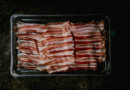 Thinly sliced bacon neatly arranged in a plastic tray. The strips showcase their marbling and texture, highlighting the fatty and lean portions. on dark rustic backgroundの写真素材