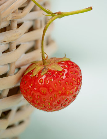 A close-up of fresh red strawberry hanging from a rustic wicker basketの写真素材