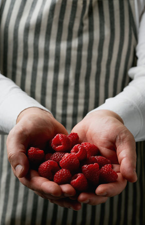 Close-up of raspberries in hands wearing striped apron. Focus on fresh red raspberries with natural texture. Captures a rustic and wholesome food aesthetic.の写真素材