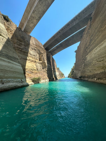 Corinth Canal in Greece with turquoise water, steep rock walls, and modern bridges above. The...
