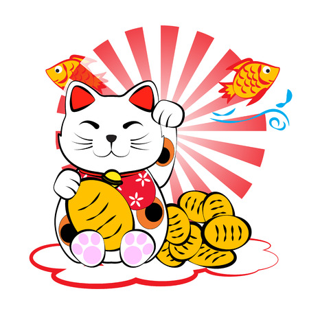 Japanese lucky cat meneki neko with gold and fish for lucky money and plentifullyのイラスト素材