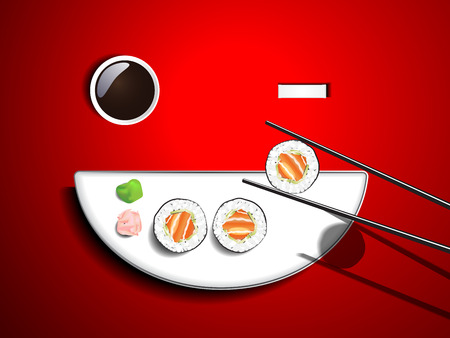 Sushi salmon avocado roll white smile plate and chopsticks on red tableのイラスト素材