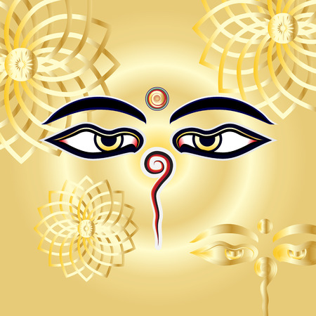 Traditional Buddha eyes symbol Wisdom Eyes with gold henna mandalas lotus flower backgroundのイラスト素材