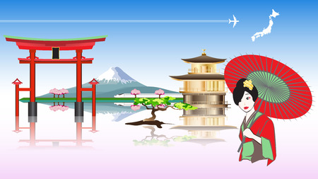 Japan travel concept with women in kimono mountain fuji speed train golden pavilian red gate and sakura , vector eps 10のイラスト素材