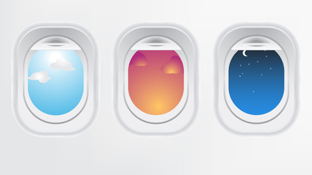 Window of airplane aircraft (long flight concept). Creative design of travel by plane. Interior of aircraft with day sunset and night of view from Porthole.のイラスト素材