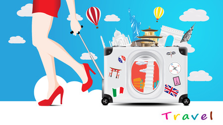 Travel to the world famous monuments with suitcase with window of airplane see the famous monuments, women walk and hold suitcase, world travel conceptのイラスト素材