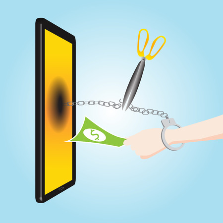 Scissors cut the chain link free to Forced to pay money to smart phone concept, money in hand with shackle link to cellphone smart phone or tabletのイラスト素材