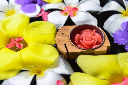 Candles  and beautiful flowers in the water spaの写真素材