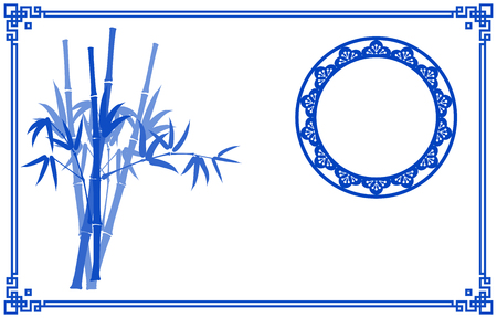 Chinese traditional Blue and White background with bamboo border and moonのイラスト素材