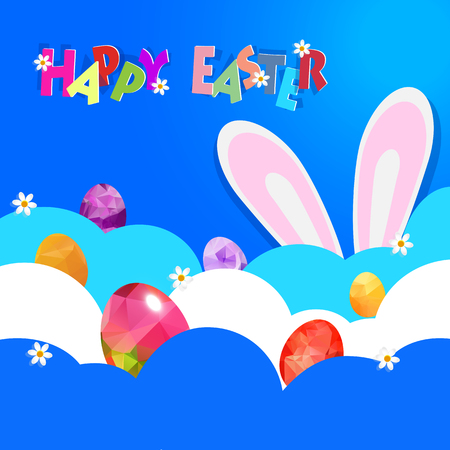 Easter background with decorated Easter eggs hide on cloud and bunny earsのイラスト素材