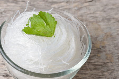Mung bean vermicelli or cellophane noodles, a transparent thread-like noodle made from dried mung bean paste for use in traditional Asian cuisineの写真素材
