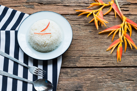 Thai jasmine cooked rice on white plateの写真素材
