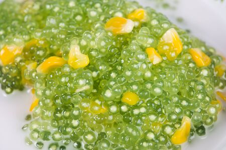 Thai dessert of green tapioca pearls pudding with corn and sweet coconut milk , close up.の写真素材