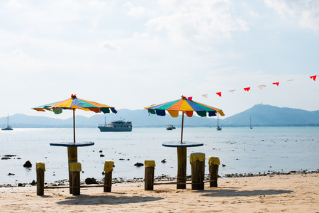 Colorful parasol on the beach at sunny dayの写真素材