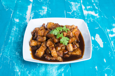 Sweet Pork Condiment (Thai name is muu waan) Thai streaky pork menu with coconut or palm sugar and black sauce.の写真素材