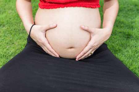 Belly of a pregnant woman on a light natural backgroundの写真素材