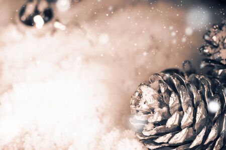 Fir Branch With Pine Cone And Snow Flakesの写真素材