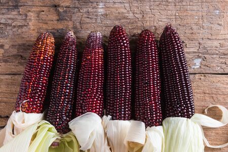 Fresh purple corn on wooden background