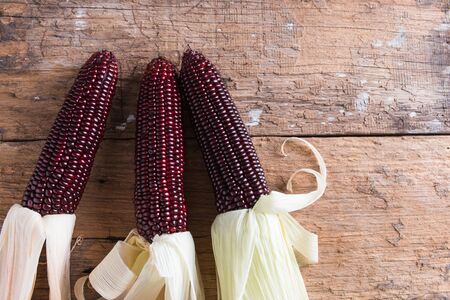 Fresh purple corn on wooden backgroundの写真素材