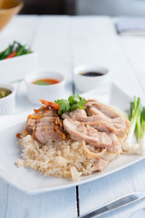 Hainanese chicken rice , Thai gourmet steamed chicken with rice , street food in thailandの写真素材