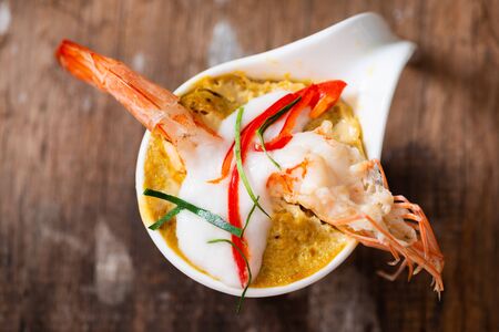Steamed Seafood Curry Cakes (Haw Mok Thalay) with coconut cream and Prawn.の写真素材