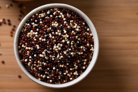 Set of quinoa Red, white and brown quinoa. With copy space. Top view.の写真素材