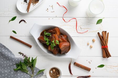 Pa-Lo Thai Braised Pork Belly , Phuket Pork Stew in white bowlの写真素材