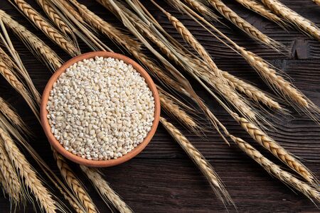Raw peeled barley grains  (Hordeum vulgare) in Clay bowlの写真素材