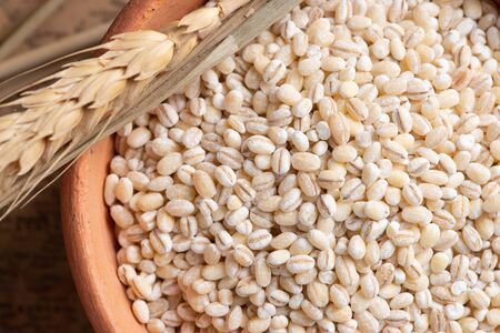 Raw peeled barley grains  (Hordeum vulgare) in Clay bowlの写真素材