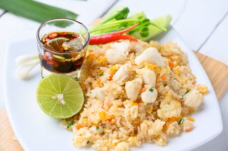 Crab Fried Rice On A White Plate , asian foodの写真素材