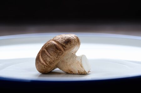 Shiitake mushrooms (Lentinus edodes) in white plate on the wooden background.の写真素材