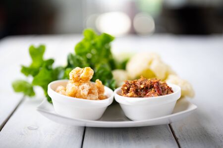 Nam prik or chili paste with boiled various vegetables,Thai food , Asian Foodの写真素材