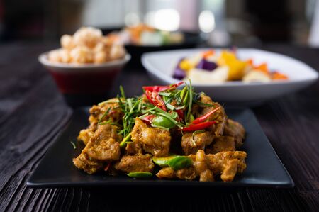 Stir Fried Pork Ribs Red Curry Paste And Coconut Milk. Asian Foodの写真素材