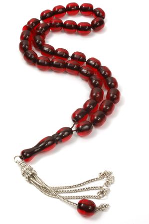 Rosary Beads, from red glass on white backgroundの写真素材