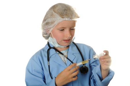 Young doctor  with injectionon, isolated on a white backgroundの写真素材