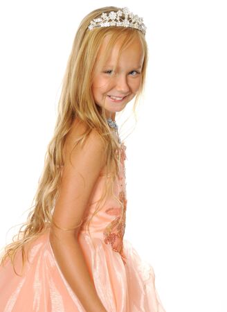 Beautiful happy girl looking up, isolated on whiteの写真素材