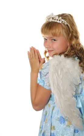 Beautiful girl with diadem and angel wings, isolated on whiteの写真素材