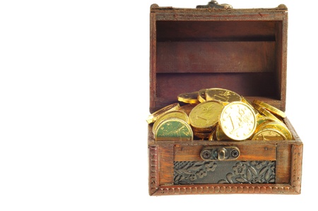Full wooden chest of a gold euro coins on a white background,
