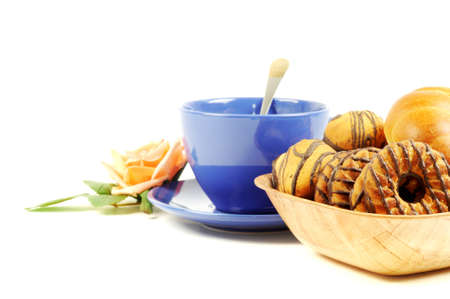 Fresh croissant and cookie with  tea on a white backgroundの写真素材