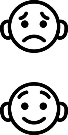 Happy and sad smile cartoon icons set. Little boy head emoji in different moods. Vector outline icons collection isolated.のイラスト素材