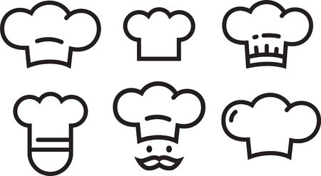 Chef icons set, chefs hat symbols. Vector logo collection simple lineart outline icons isolated.のイラスト素材