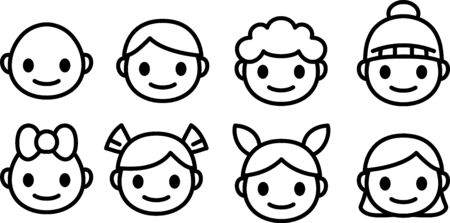 Happy and sad smile cartoon icons set. Little boy head emoji in different moods. Vector outline icons collection isolated.のイラスト素材