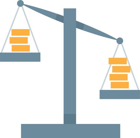 Cartoon scales symbol infographics element. Weighing-machine with gold coins slightly overbalanced. Price comparsion, profit and price measure conceptのイラスト素材