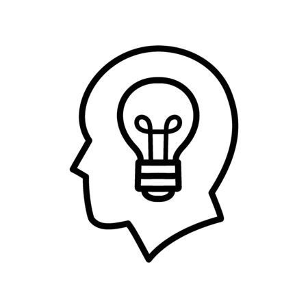 Head with light bulb in it, idea born in the head flat icon symbol, simple black and white creative vector art of an imagination concept. Editable stroke cartoon, isolated.のイラスト素材