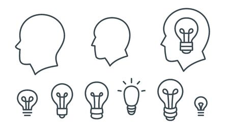 Set of head and light bulbs symbols, collection of idea icons, simple flat outline vector art logo design.Concept of imagination, creativity, inspiration, solutions. Editable stroke cartoon, isolated.のイラスト素材